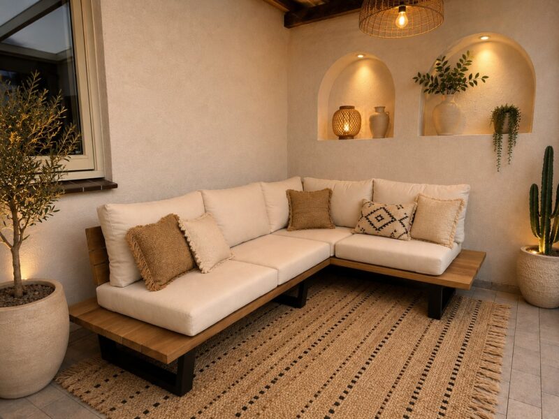 Loungeset Iroko 4 personen Beige kussens Hoekbank met bijzetruimte 15cm