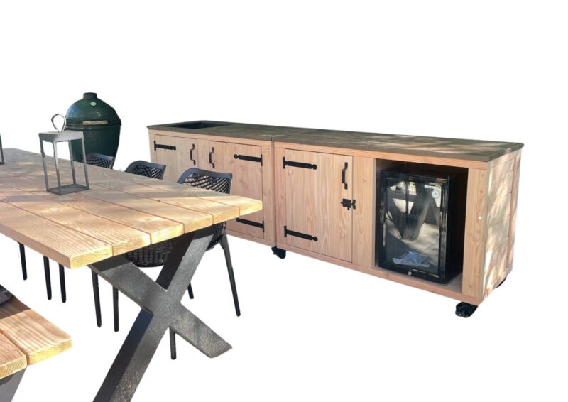 Buitenkeuken Douglas Portland met spoelbak en koelkast en keramisch blad donker bruin