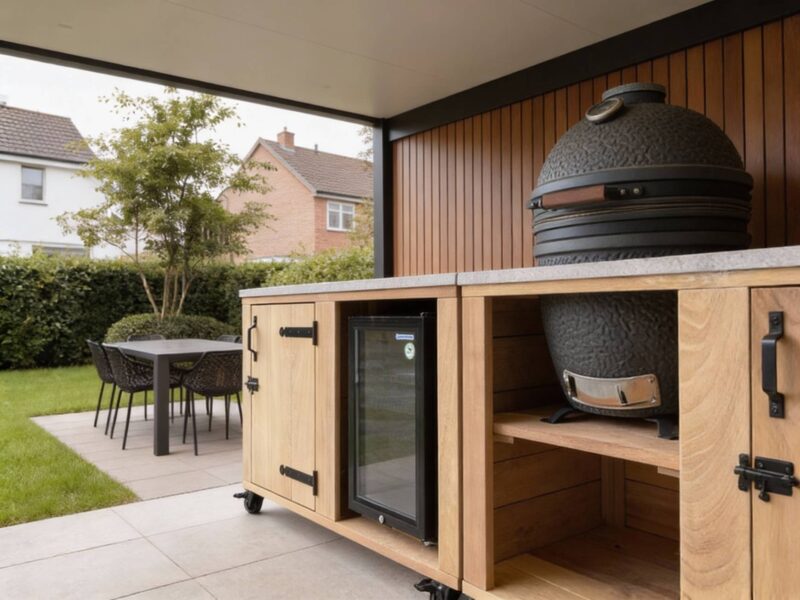 Buitenkeuken tuininspiratie Nashville & bbq tafel Austin iroko met keramisch blad kamado en koelkast