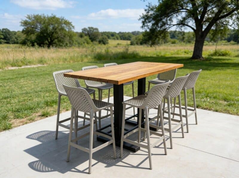 Bartafel Iro met stalen onderstel en barkruk Senna taupe in natuurlijke buitenomgeving